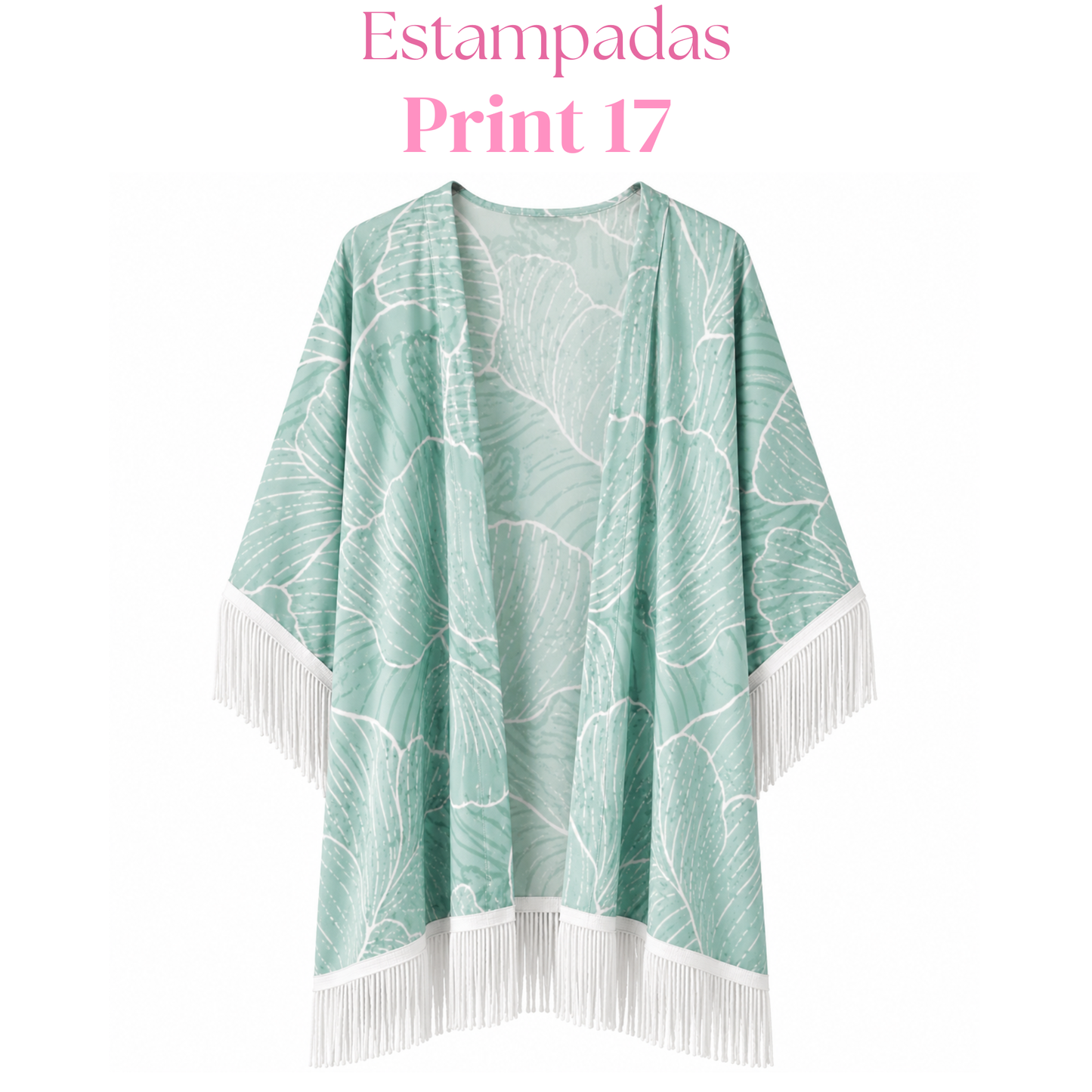 Salida de baño en kimono con o sin frase con flecos en mangas y bastilla.