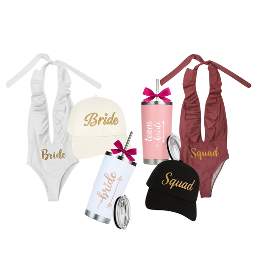 Kit de traje de baño, gorra bordada y termo acero inoxidable.