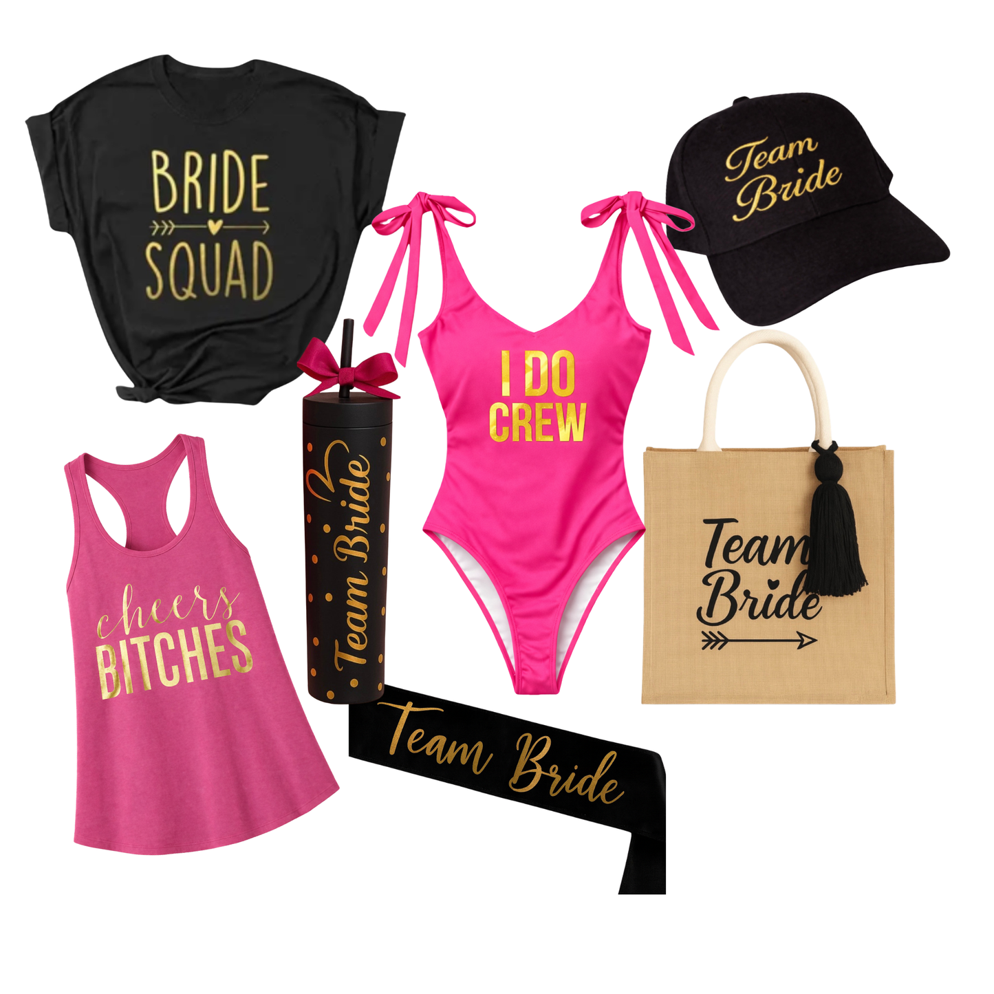 Kit de traje de baño, playera o tantop, bolsa tote bag, gorra bordada, vaso acrílico y banda.