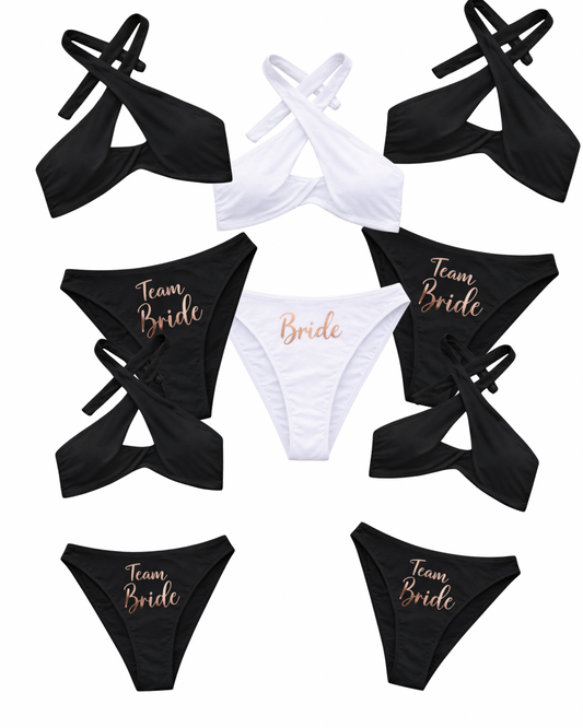 Traje de baño en bikini de bra cruzado en halter y calzón de resaque.