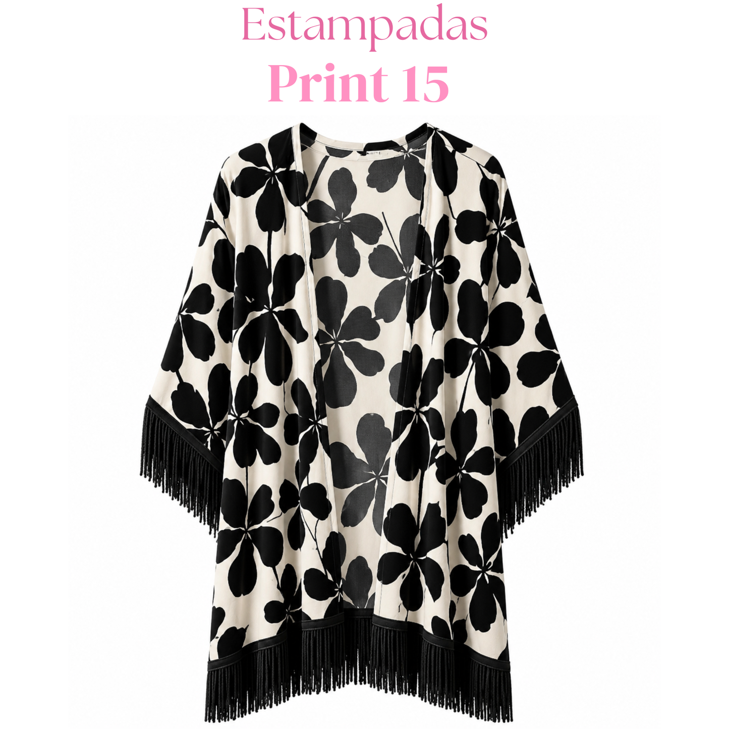 Salida de baño en kimono con o sin frase con flecos en mangas y bastilla.