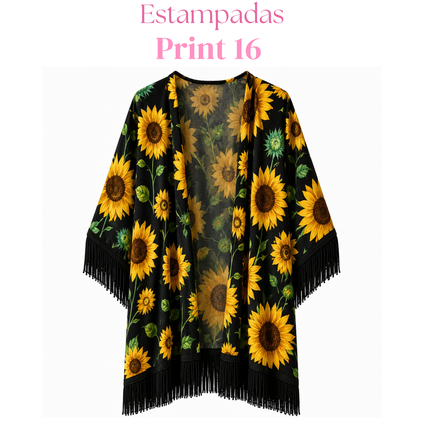 Salida de baño en kimono con o sin frase con flecos en mangas y bastilla.