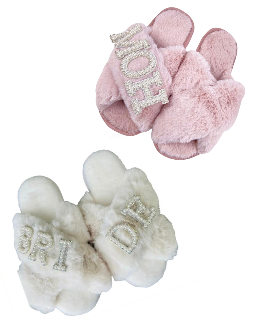 Pantunflas de peluche cruzadas de Bride e iniciales de invitadas.                    Entrega de 15 a 20 días hábiles.