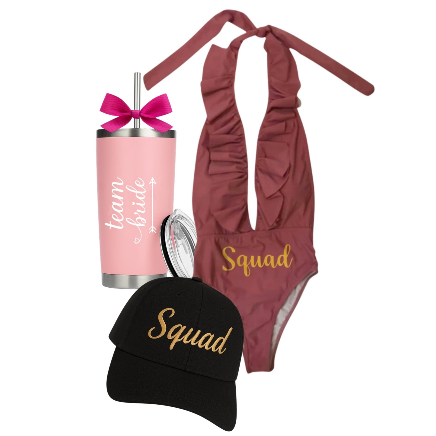 Kit de traje de baño, gorra bordada y termo acero inoxidable.