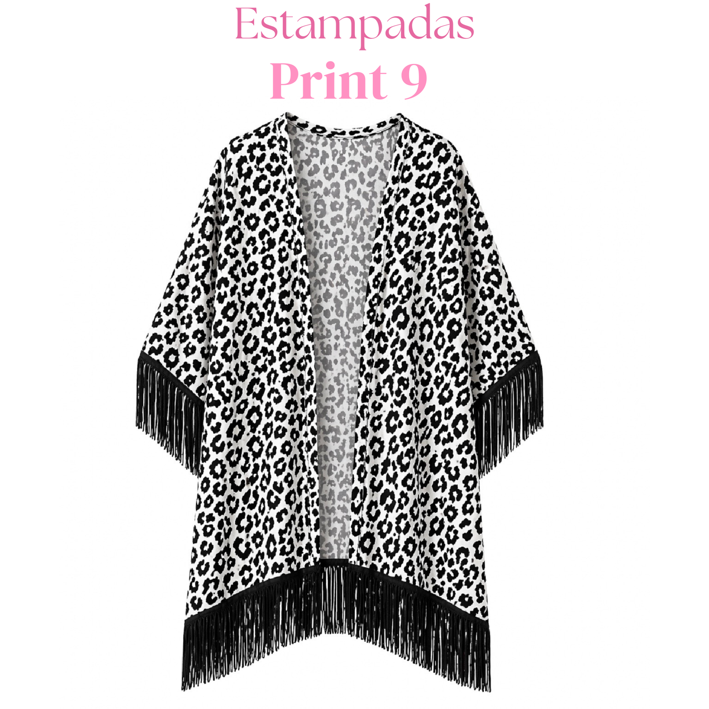 Salida de baño en kimono con o sin frase con flecos en mangas y bastilla.