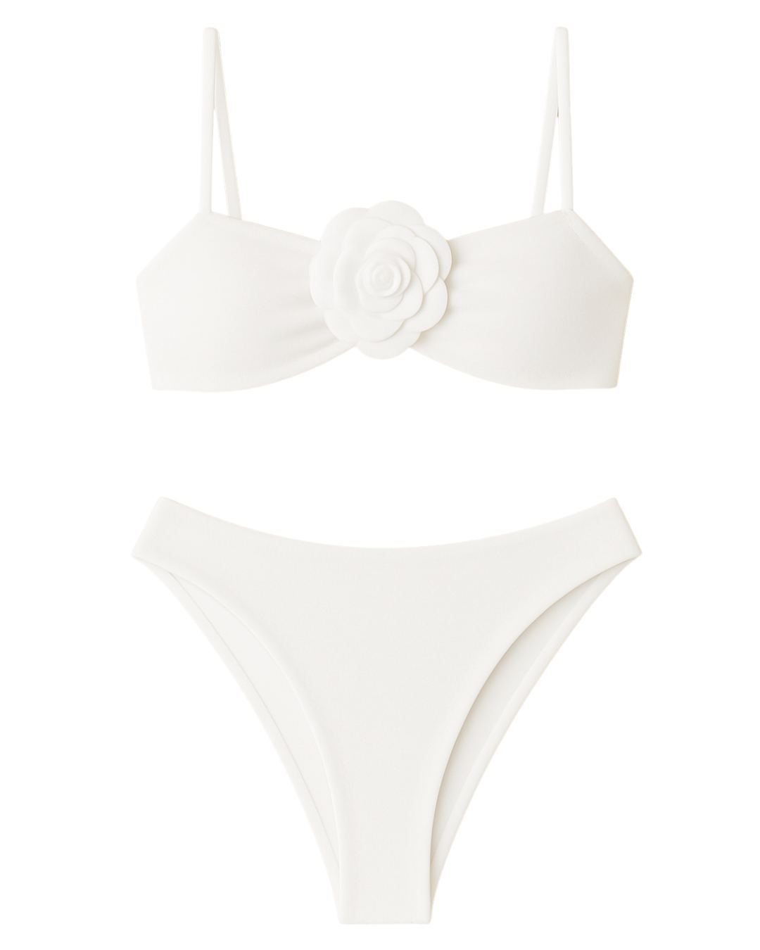 Traje de baño en bikini de bra de tirantes con flor blanca enmedio y calzón de tiro alto con resaque en pompa.                                                       Entrega 2 a 5 días hábiles.
