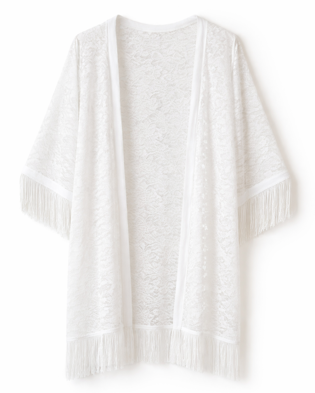 Salida de baño unitalla tipo kimono de encaje con flecos en mangas y bastilla.                                                      Entrega 2 a 5 días hábiles.