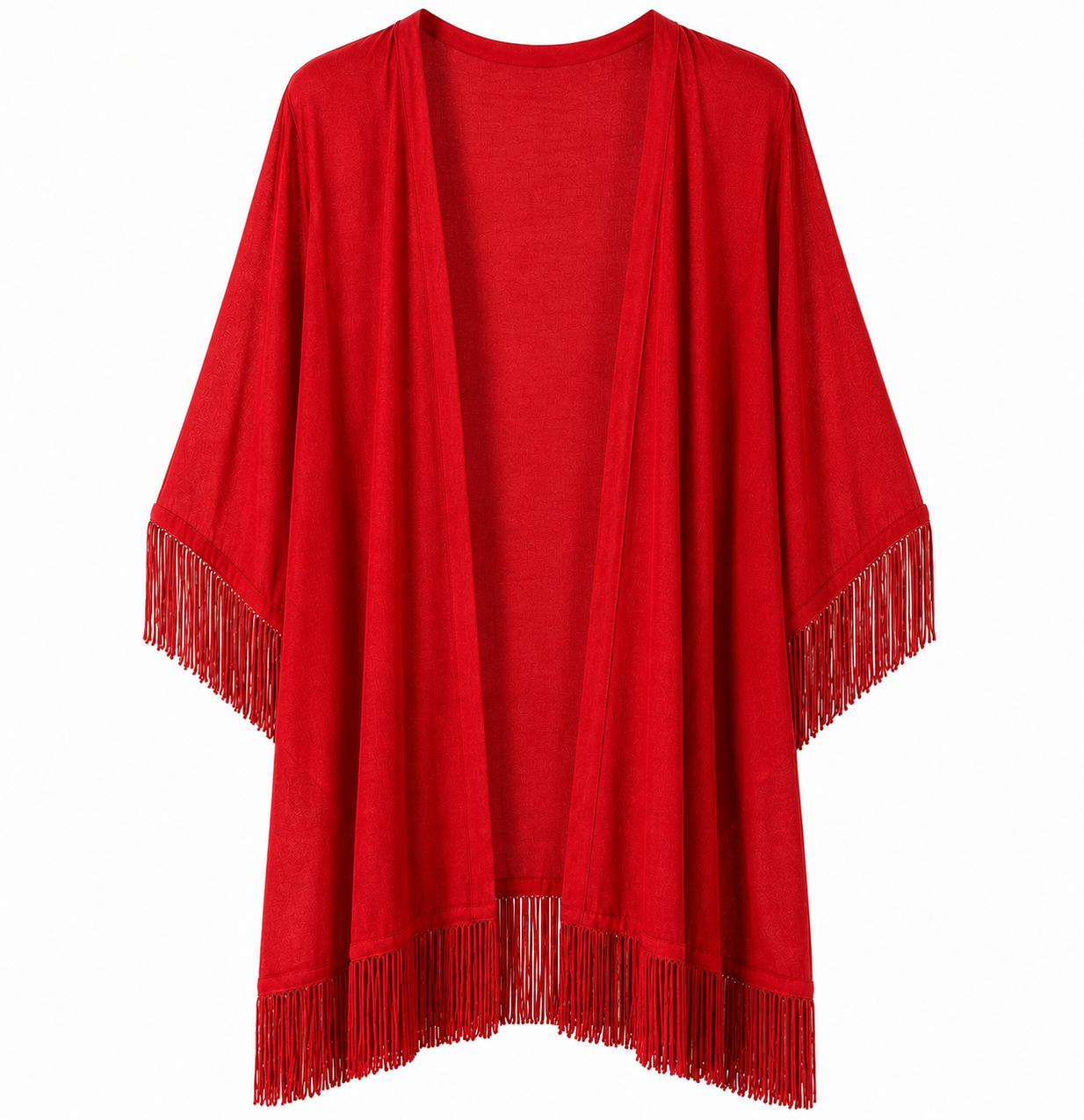 Salida de baño en kimono con o sin frase con flecos en mangas y bastilla.