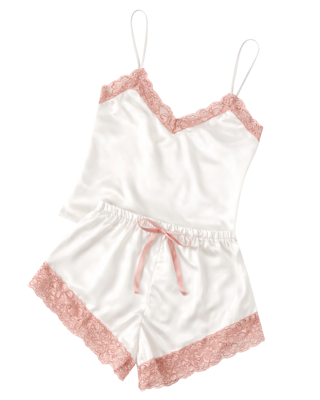 Pijama de satín de blusa de tirantes y short con encaje en orillas y listón de moñito en cintura.                                     Entrega de 2 a 5 días hábiles.