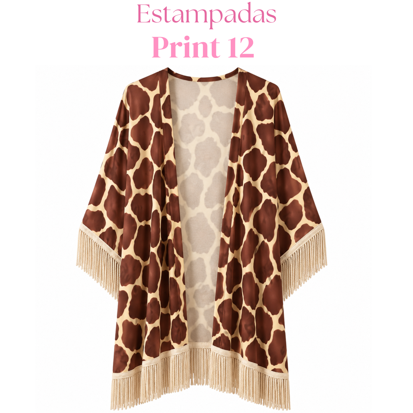 Salida de baño en kimono con o sin frase con flecos en mangas y bastilla.