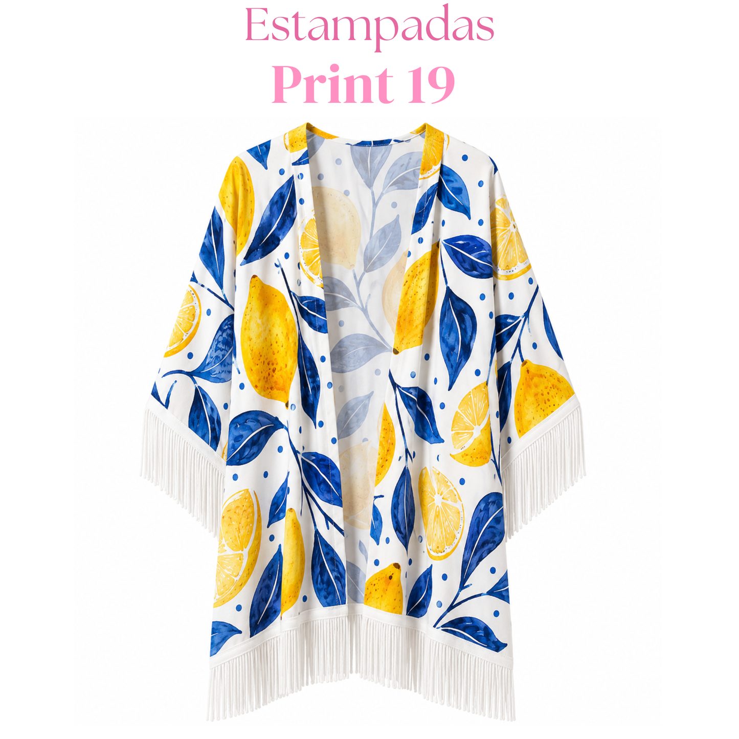 Salida de baño en kimono con o sin frase con flecos en mangas y bastilla.