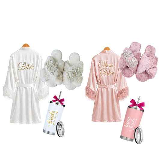 Kit de bata bordada con aplicación, pantunflas, termo acero inoxidable.