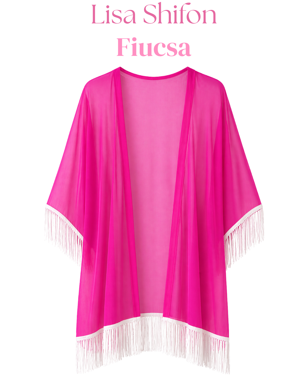 Salida de baño en kimono con o sin frase con flecos en mangas y bastilla.
