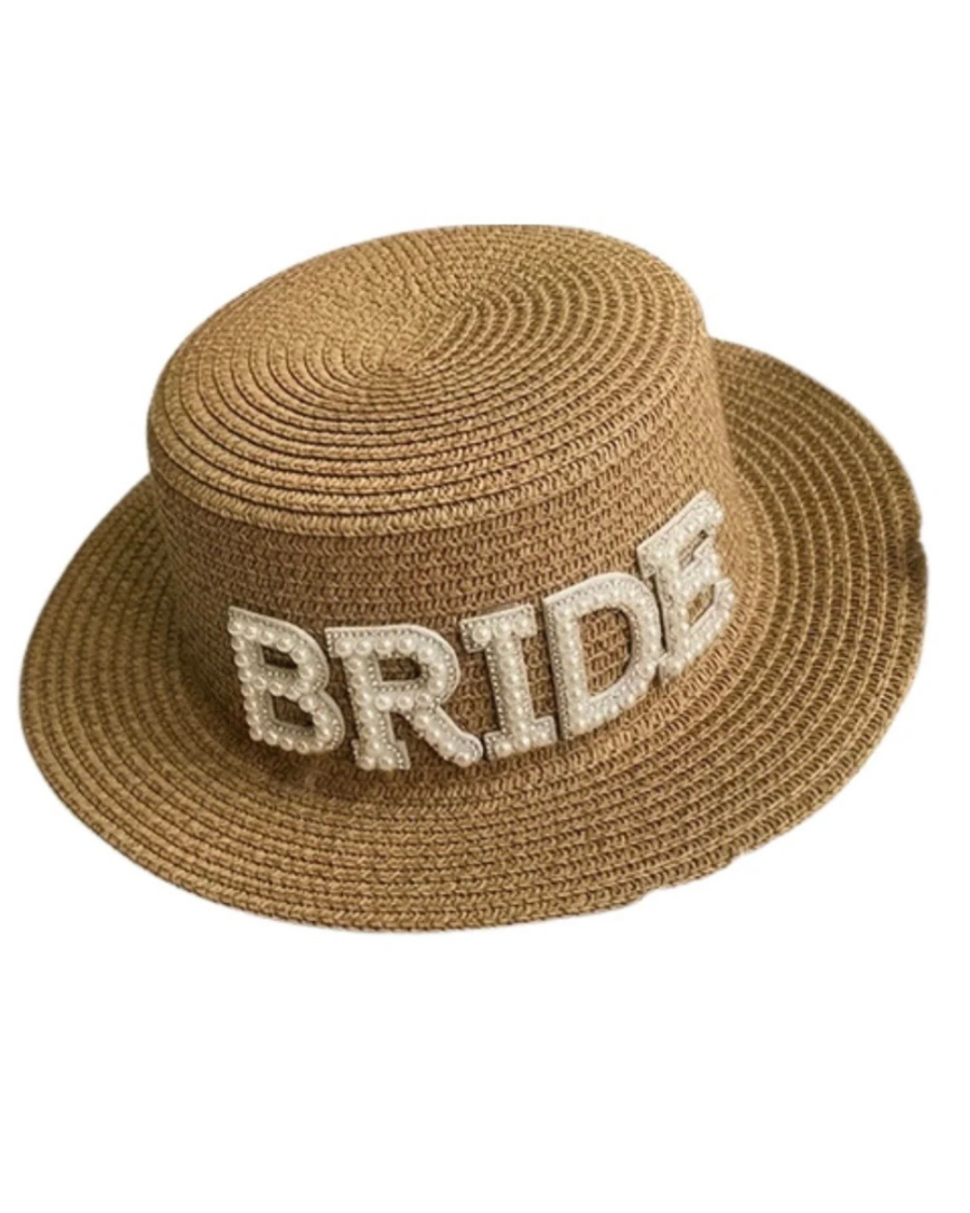 Sombrero tipo panameño con frase Bride de perlas y cristales.                          Entrega 15 a 20 días hábiles.