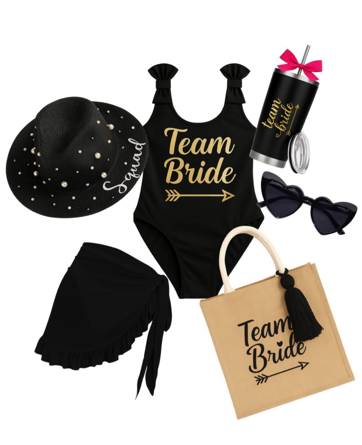 Kit de traje de baño, sombrero, termo acero inoxidable, pareo, bolsa tote bag y lentes.