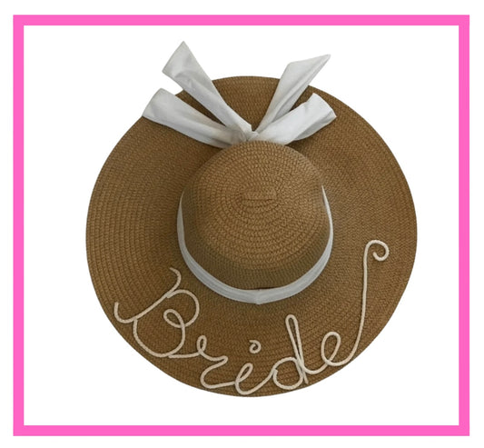 ENTREGA INMEDIATA. Sombrero playero de ala ancha color camel frase Bride blanco con moño color blanco.