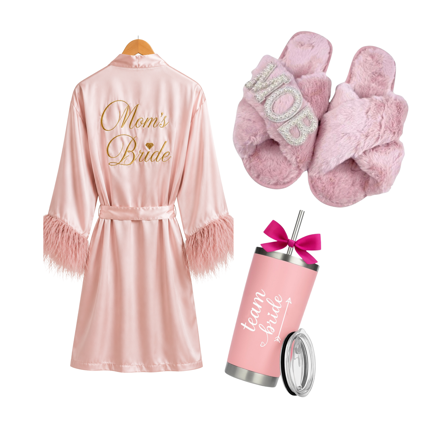 Kit de bata bordada con aplicación, pantunflas, termo acero inoxidable.
