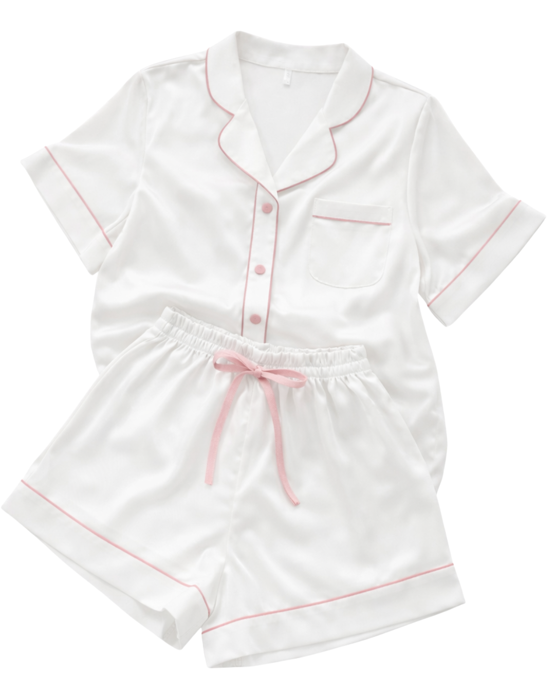Pijama de satín de camisa y short con vistas palo de rosa y moñito en cintura.                                                       Entrega de 2 a 5 días hábiles.