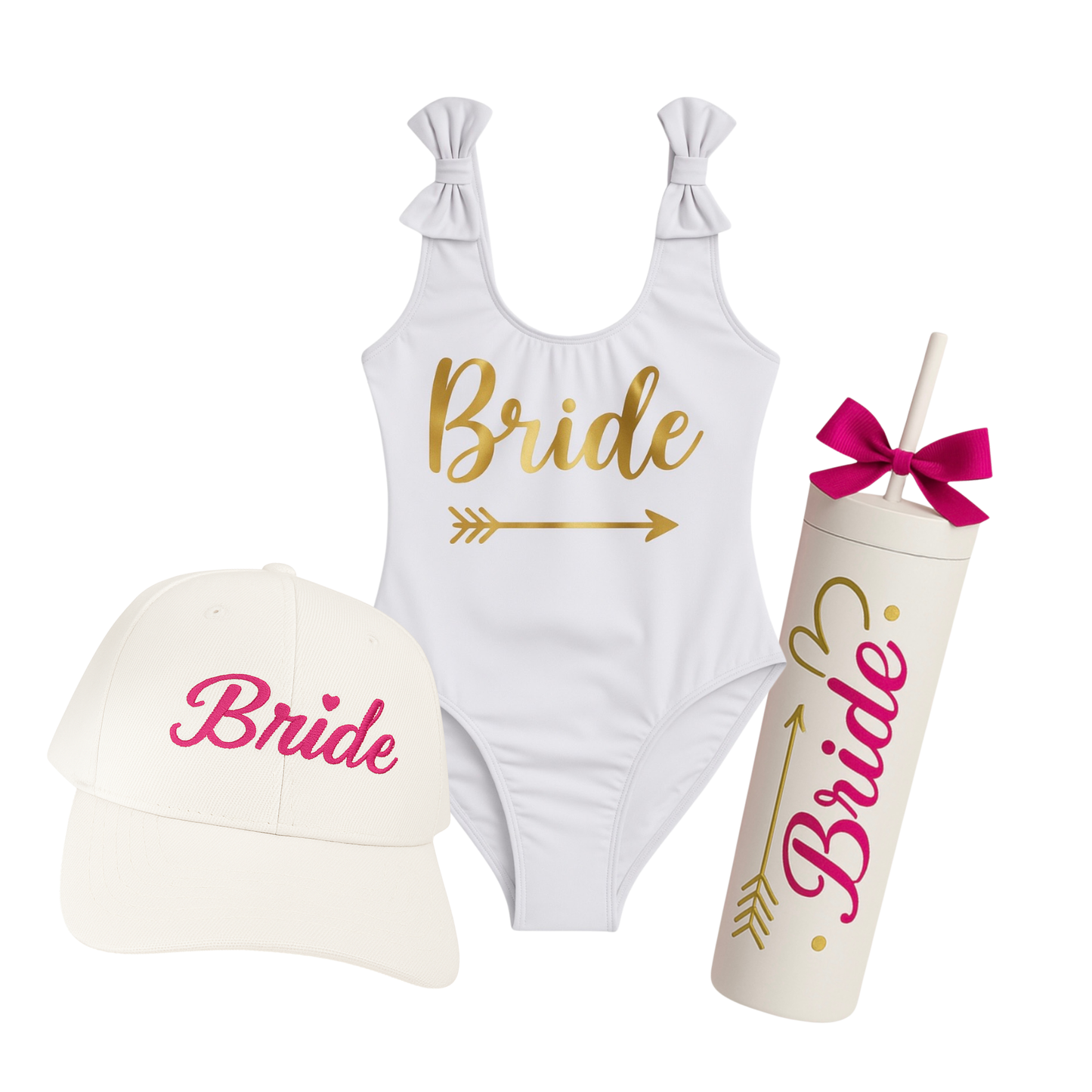 Kit de traje de baño, gorra bordada y vaso acrílico.