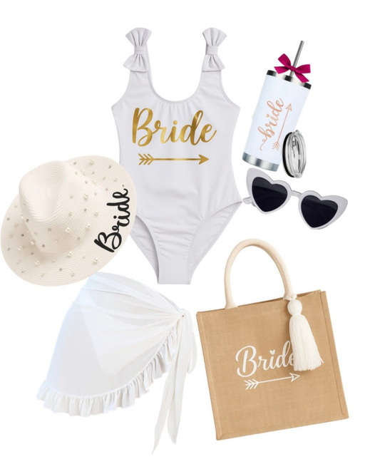 Kit de traje de baño, sombrero, termo acero inoxidable, pareo, bolsa tote bag y lentes.