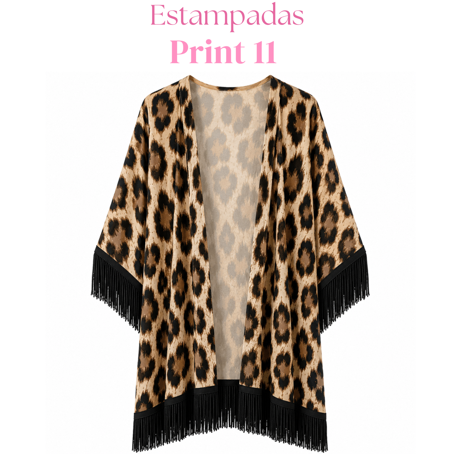 Salida de baño en kimono con o sin frase con flecos en mangas y bastilla.