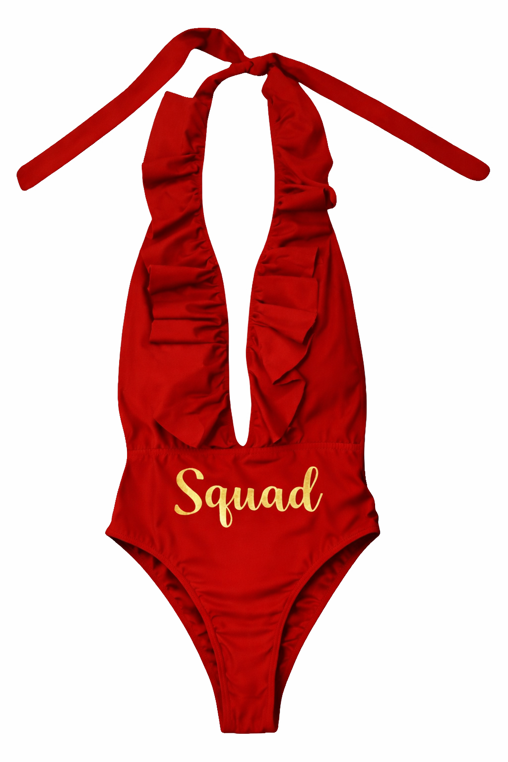 Traje de baño en trikini halter sin espalda con escote pronunciado con olanes y resaque en pompa.                                                           Entrega 2 a 5 días hábiles.