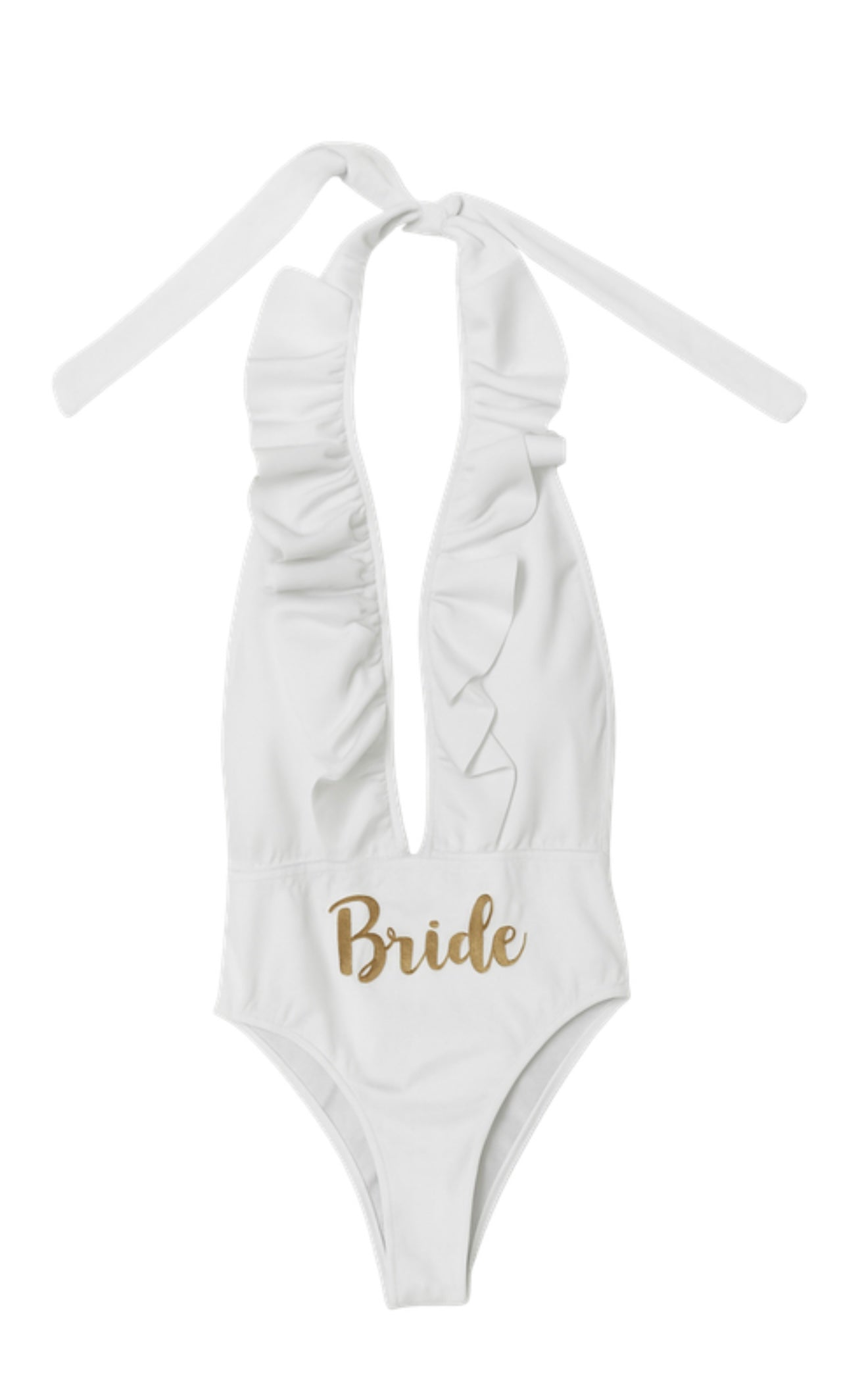 Traje de baño en trikini halter sin espalda con escote pronunciado con olanes y resaque en pompa.                                                           Entrega 2 a 5 días hábiles.