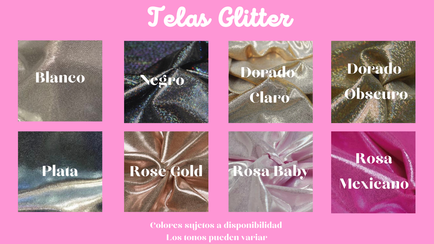 *TELAS GLITTER FORMA 6*. Bikini de 2 piezas top recto y calzón tiro alto.